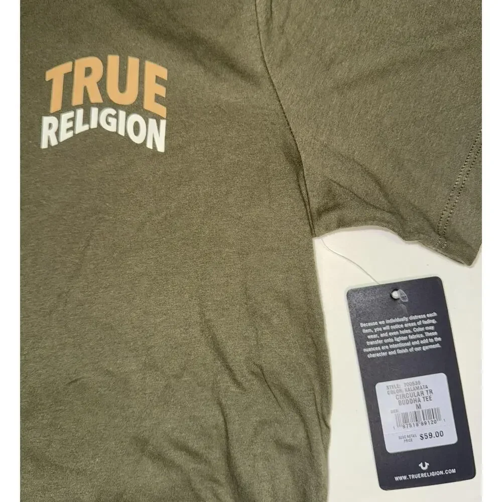 True Religion Buddha Logo Tee Mens M Green Kalamata Circular Back NWT